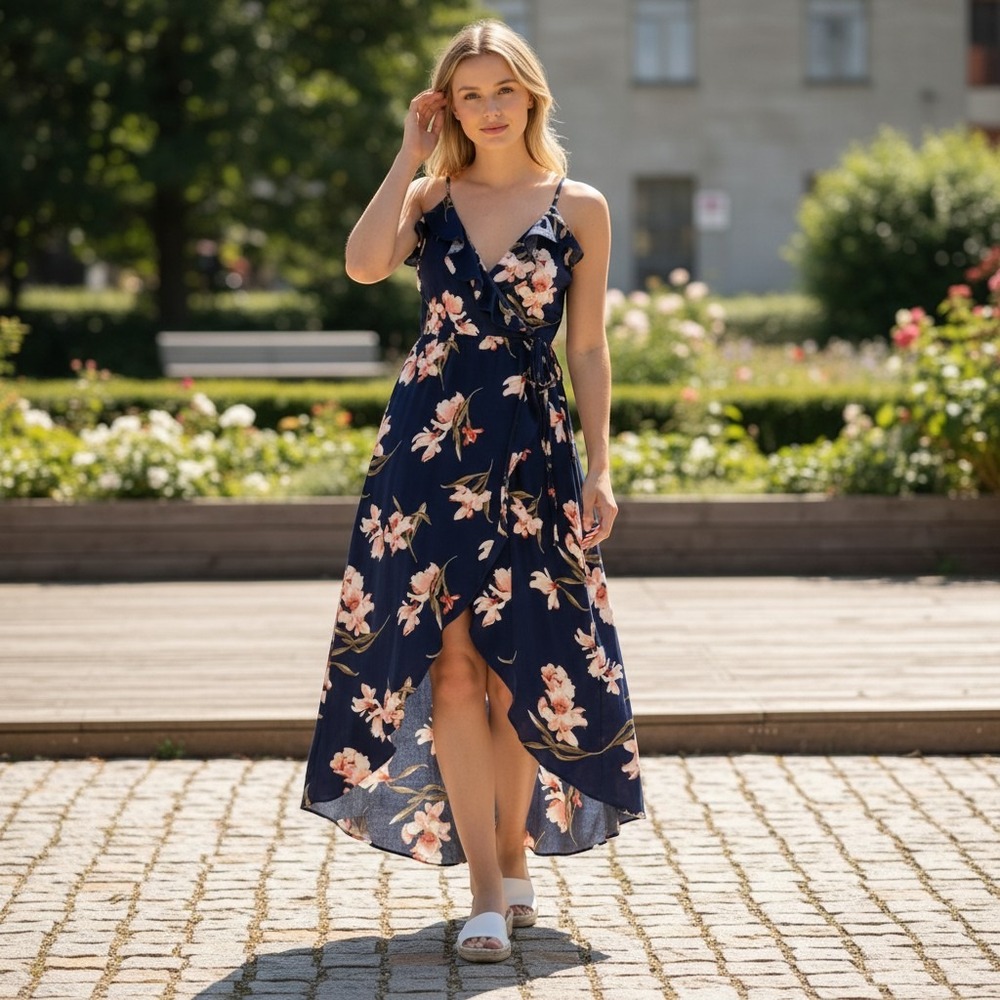 Soprano Navy Floral High-Low Wrap Dress Small Pink Lily Ruffle D16323VAL